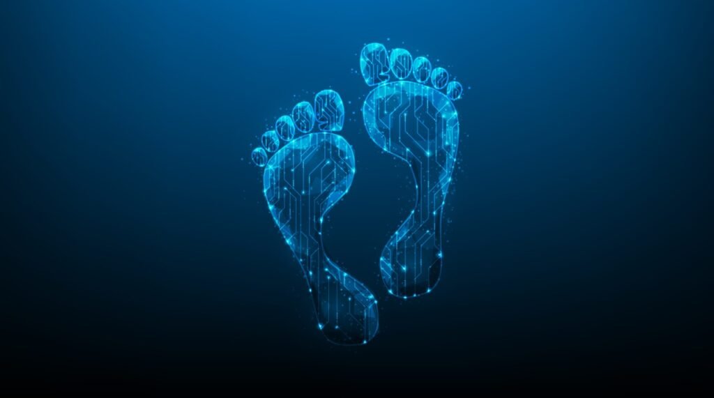 Illustration of a digital footprint with data trails, cybersecurity threats, and privacy concerns, showing how your digital footprint can impact your life.