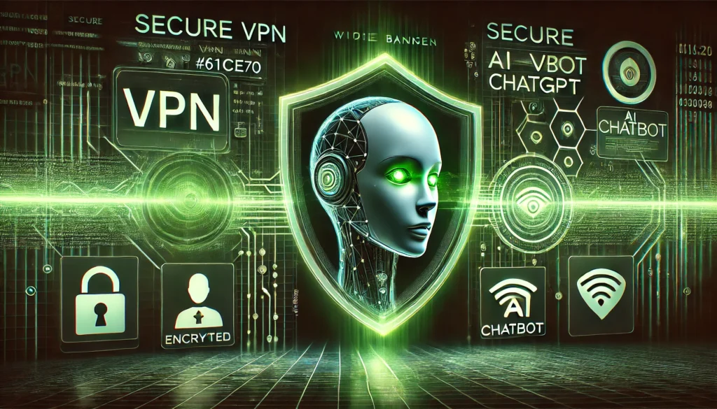Visual representation of ChatGPT and cybersecurity, highlighting AI features and data protection tools like VPNs.