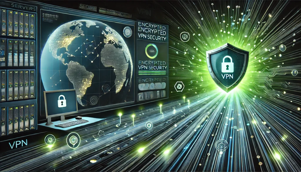 Futuristic illustration of a VPN connection showing secure encrypted traffic and global server access with digital shield and green highlights.