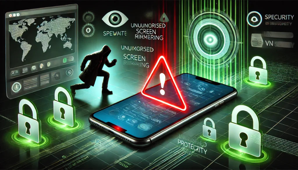 How to stop someone from mirroring your phone? A smartphone displays a red warning icon, symbolizing unauthorized screen mirroring, surrounded by spy elements and a green encrypted shield for protection.