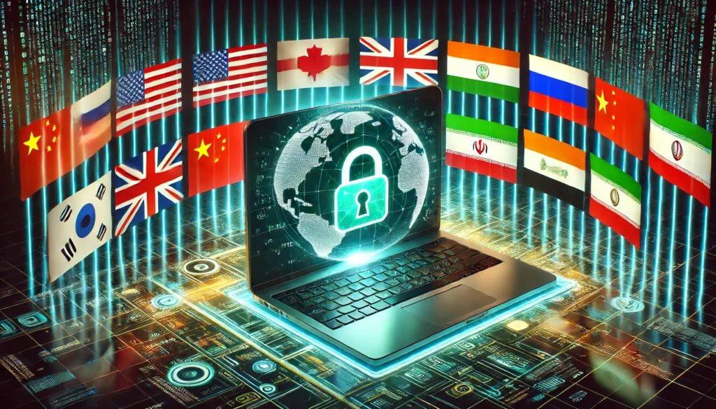 Are VPNs legal — a glowing laptop showing a VPN interface with international flags and a digital green padlock, symbolizing global legality concerns.