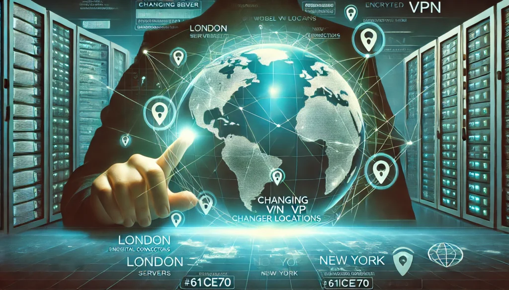 User interacting with a digital world map showing global VPN server locations like London, Tokyo, and New York, connected by encrypted green lines with a security shield icon overlay.