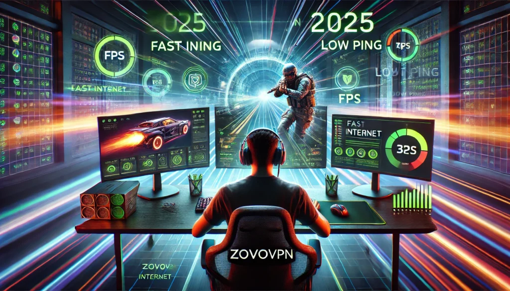 A futuristic gaming setup with glowing neon lights, a high-performance PC, and immersive virtual reality elements, symbolizing the modern online gaming experience in 2025.